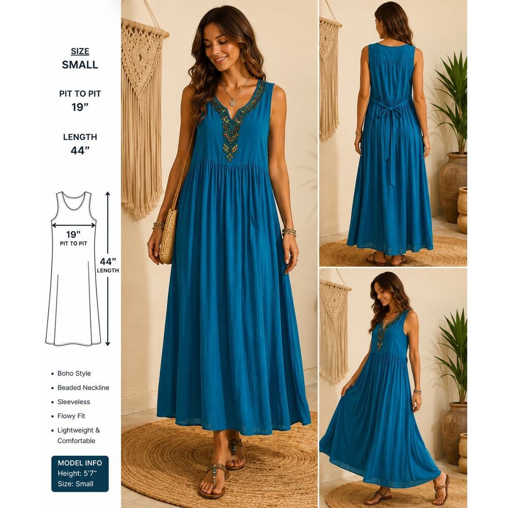 Tango Mango Blue Beaded Maxi Lined Belted Dress Women's Size S PocketsCottage